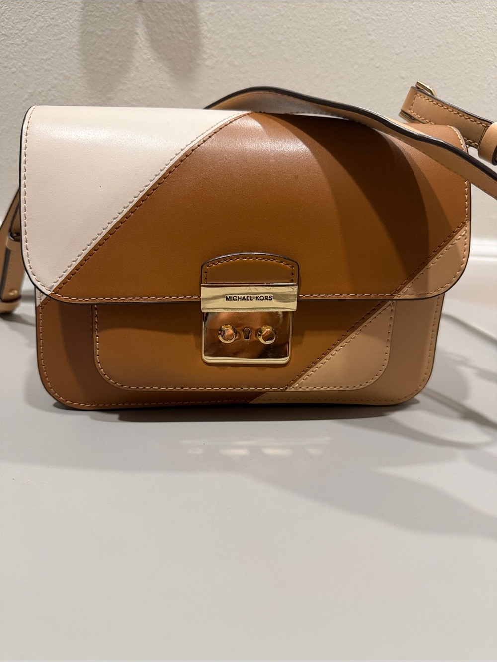 Michael Kors Tri-Tone Leather Crossbody in Brown, Cream, and Tan